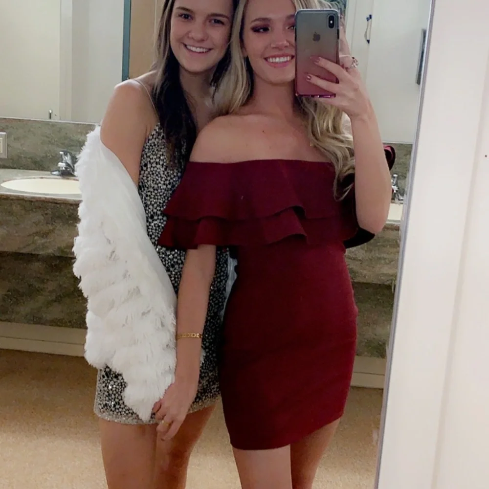 by the way. Off-Shoulder Burgundy Mini Dress worn once! - Picture 2 of 4